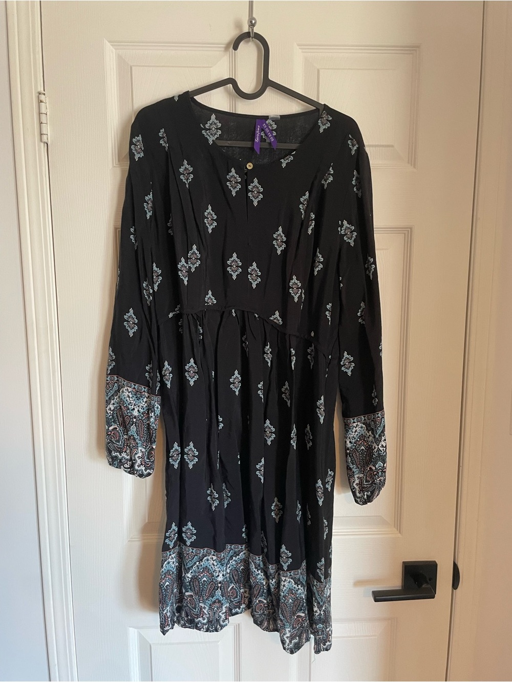 Maternity and Nursing Seraphine Long Sleeve Dress with Blue Paisley Accents